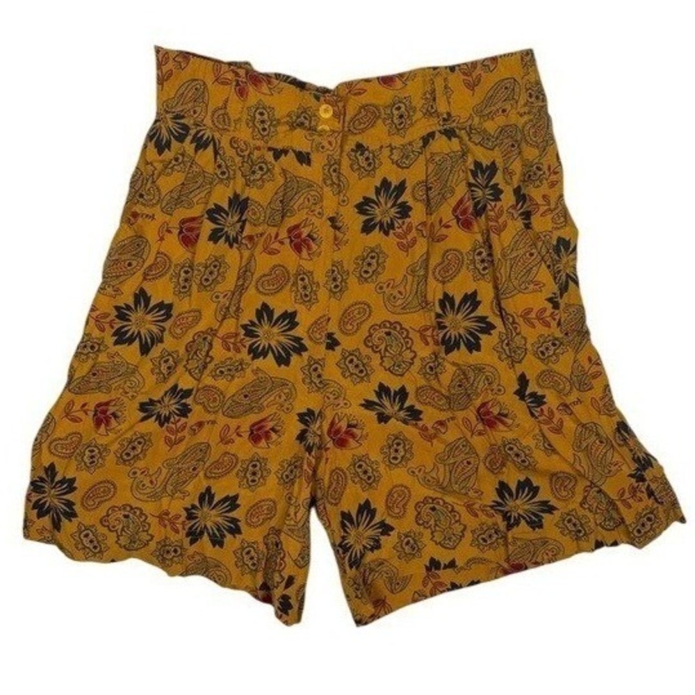Roo Crossing Vintage Mustard Yellow Paisley‎ Floral Rayon High Waist Shorts 10